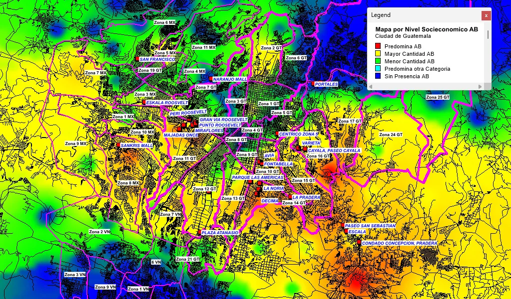 Mapa de calor de hogares de nivel socioeconómico AB en la Ciudad de Guatemala, por zona